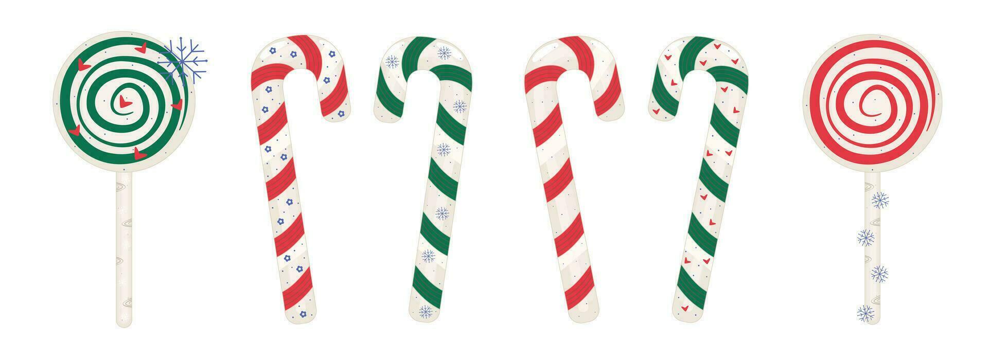 Caramel sweets, round lollipops and candy canes, colorful Christmas set vector