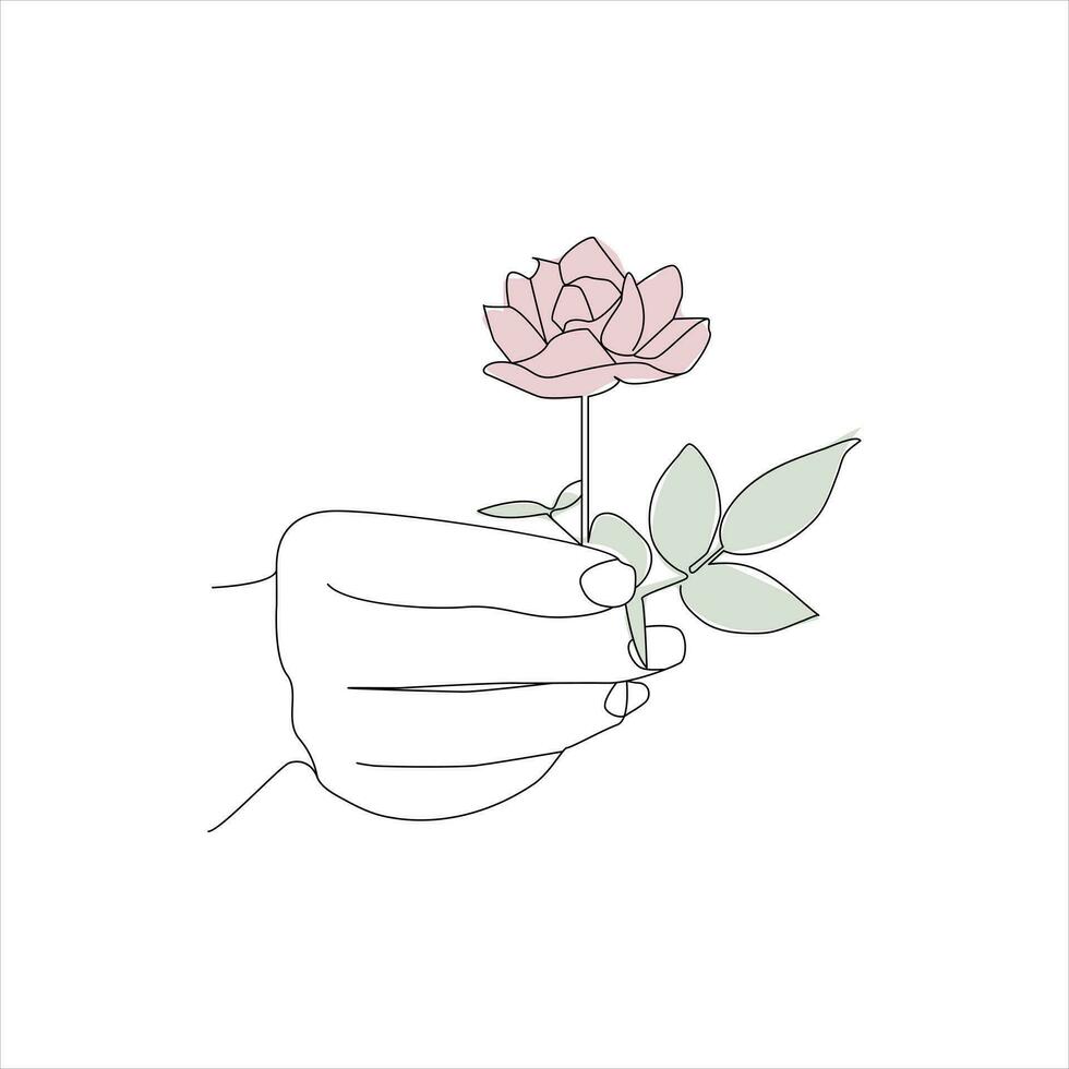 rose flower Continuous line drawing of a hand holding. Beautiful rose flower simple line art with active strok vector