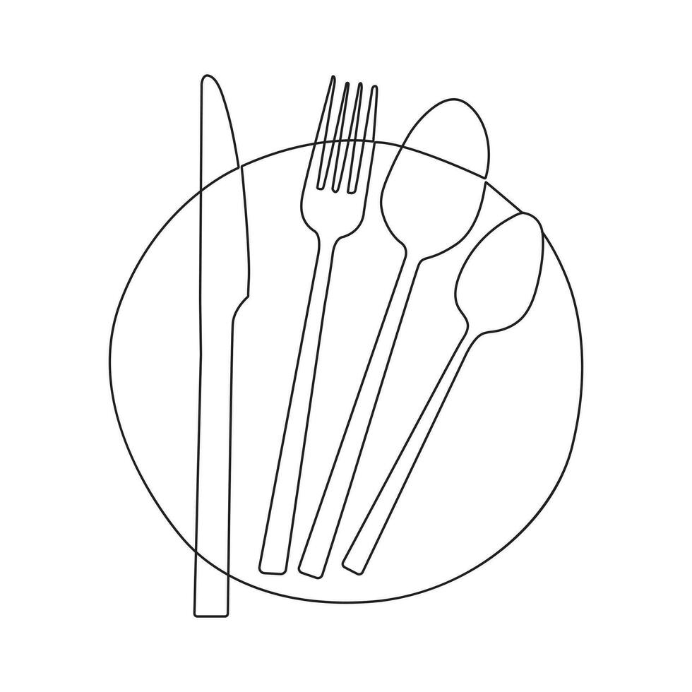 Forks, spoons, knife plates Continuous one line drawing. hand drawn. Vector illustration