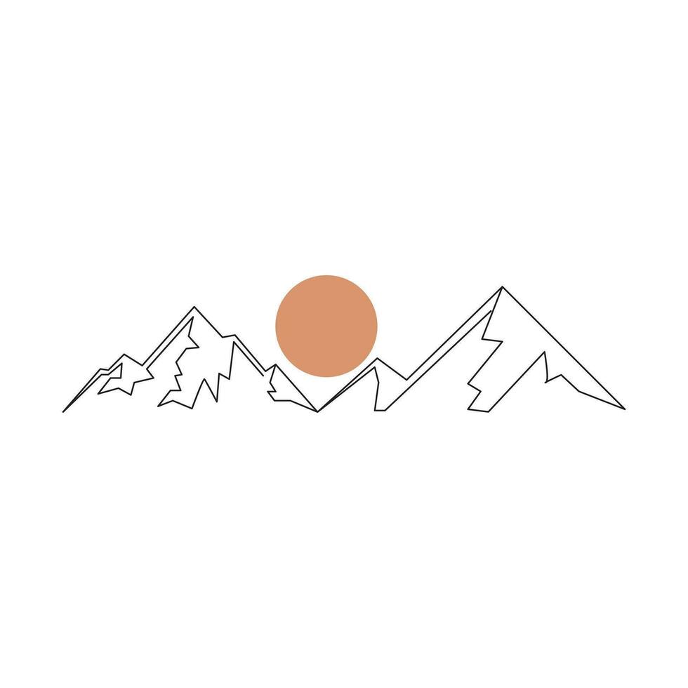 mountain range continuous One  line drawing. Simple line drawing of mountains and sun. Modern one line nature illustration vector