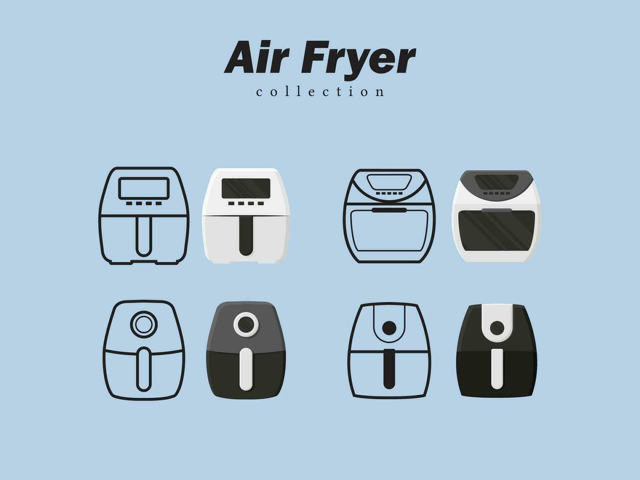 Air fryer kitchen bake cooking fast food restaurant kitchen icons set vector fat baking