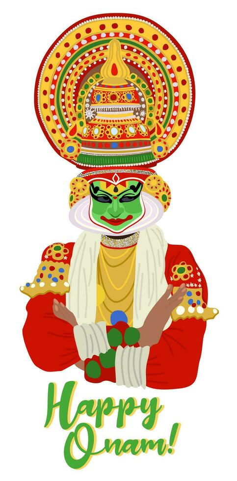 Happy Onam. Colorful vector illustration of Kathakali dancer. Onam festival of South India Kerala