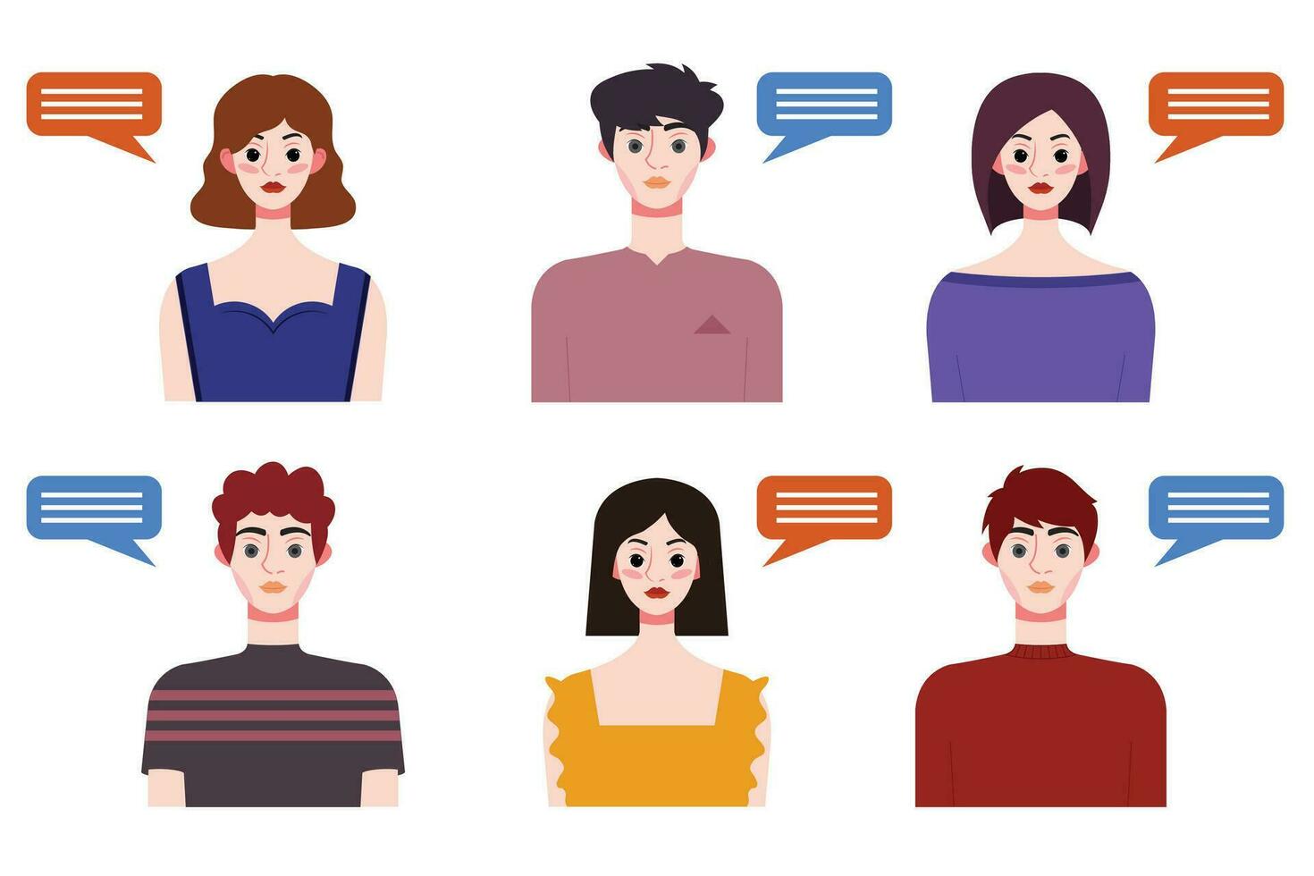 Set of young people avatars with speech bubbles. Vector illustration.