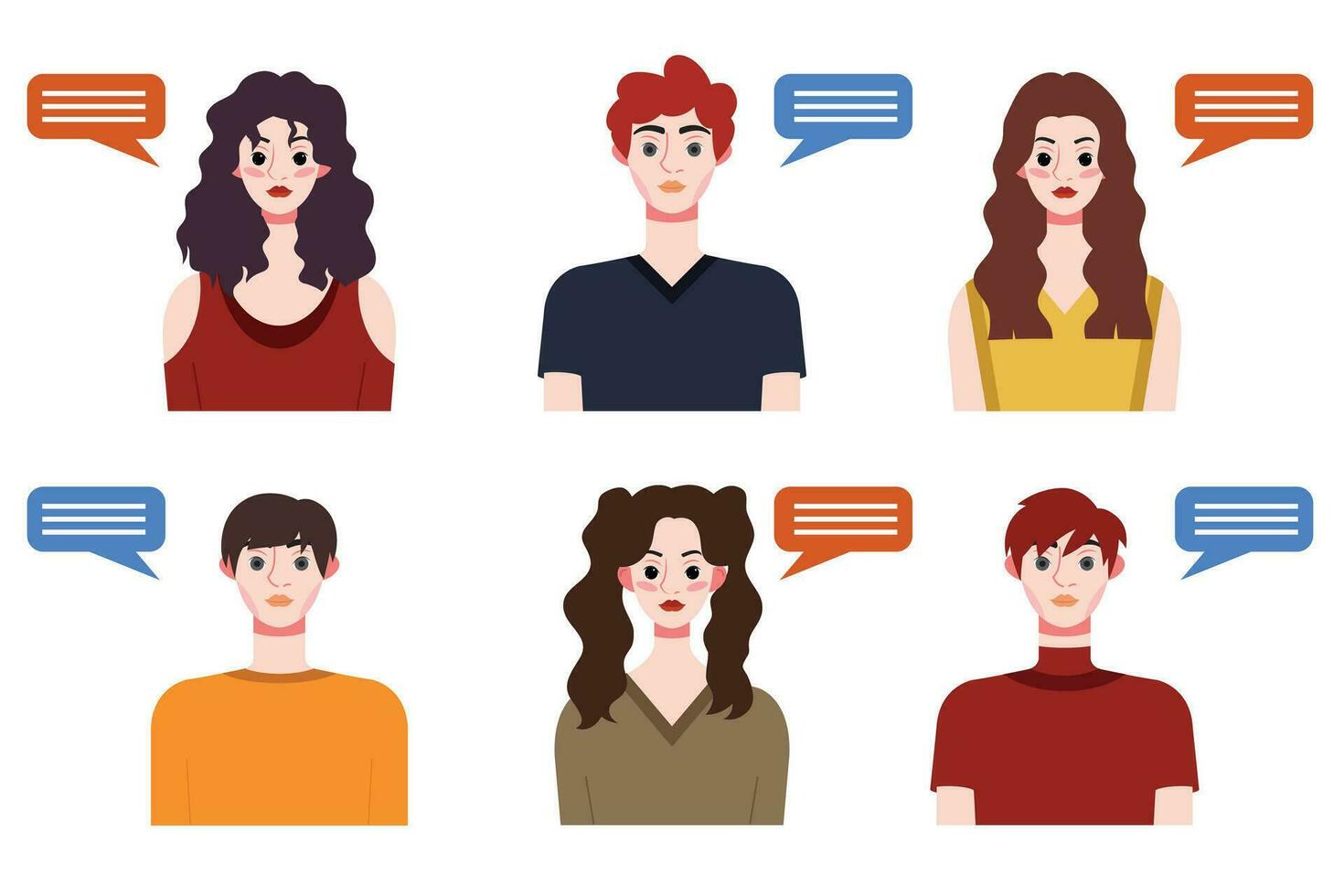 Set of young people avatars with speech bubbles. Vector illustration.