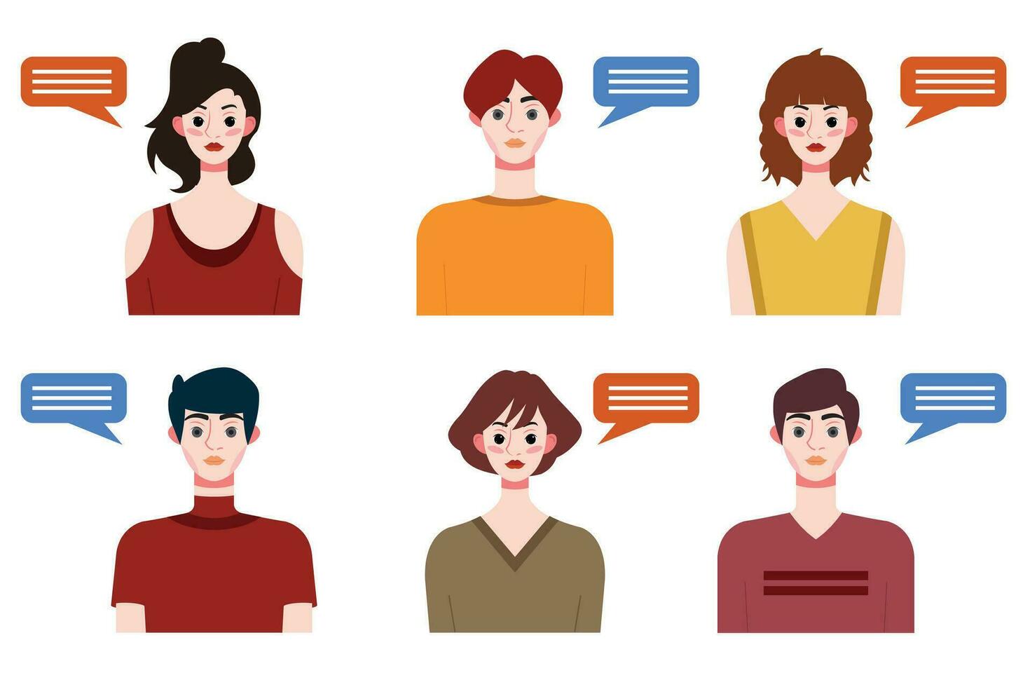 Set of young people avatars with speech bubbles. Vector illustration.