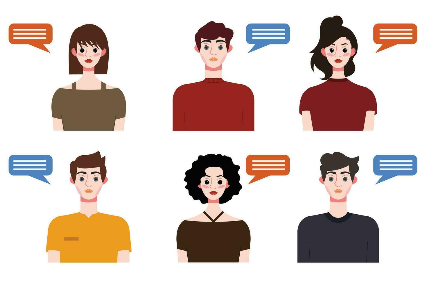 Set of young people avatars with speech bubbles. Vector illustration.