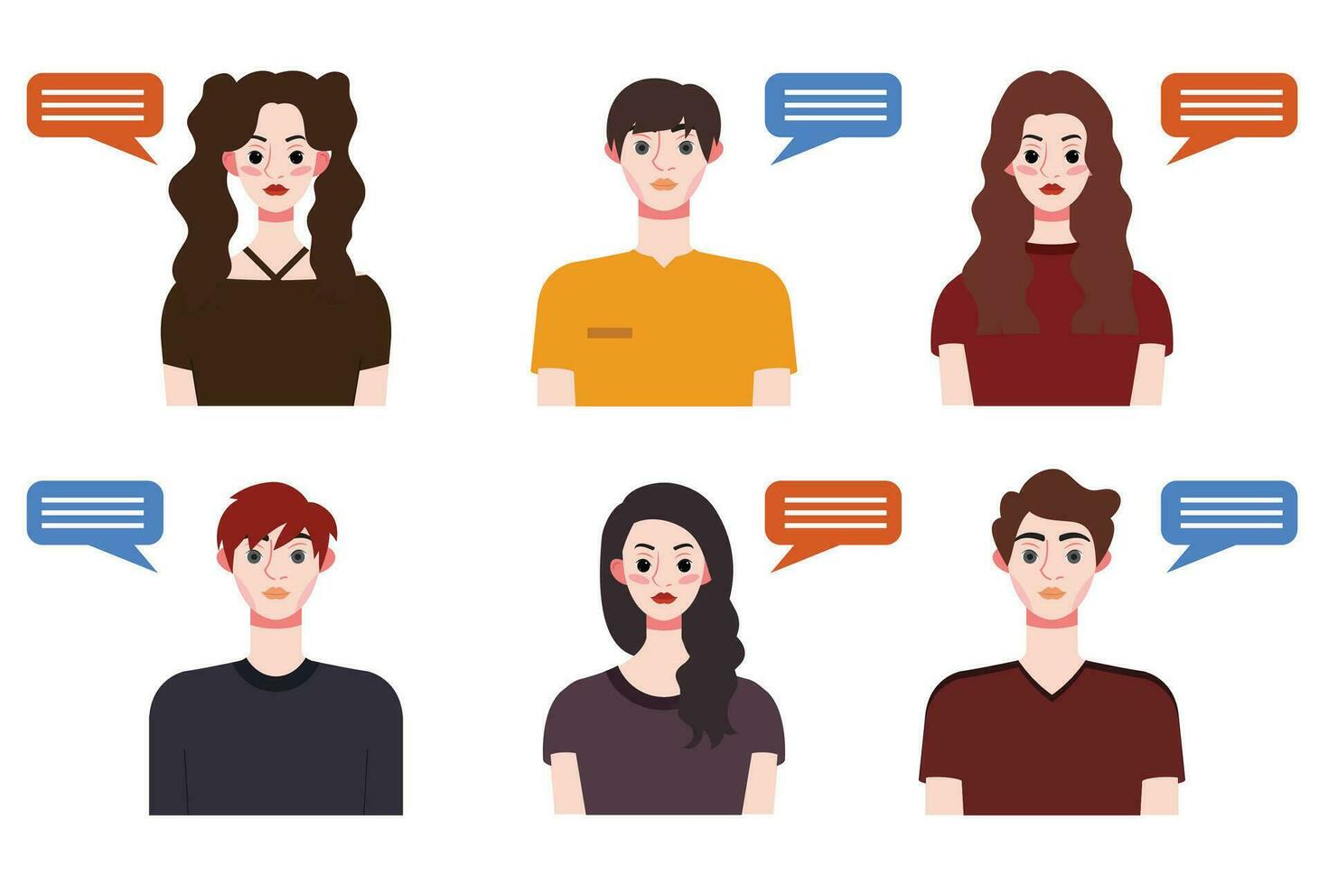 Set of young people avatars with speech bubbles. Vector illustration.