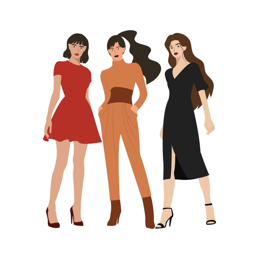 de moda muchachas en de moda ropa. vector ilustración en plano estilo