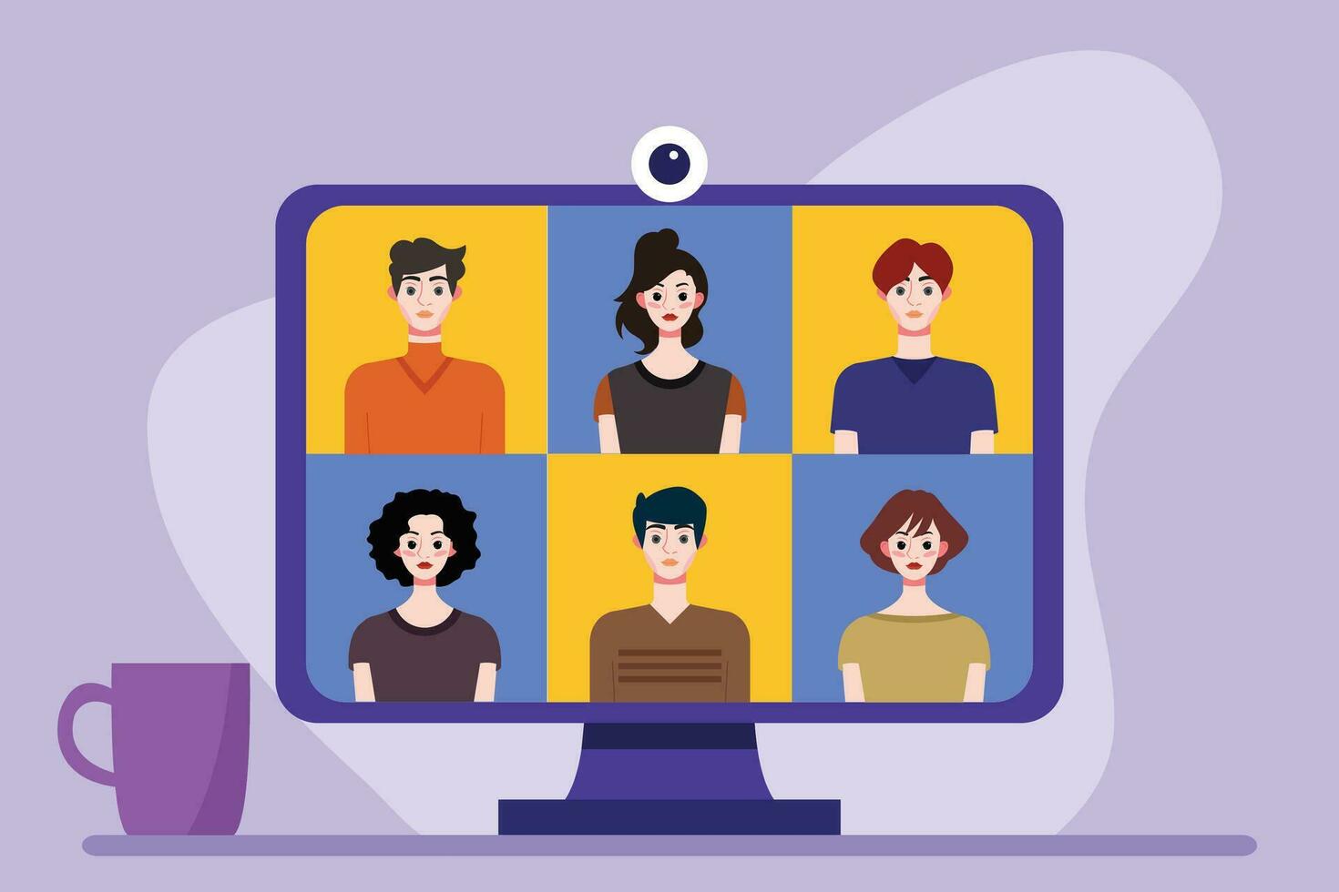 Video conference concept. People avatars on computer screen. Vector illustration
