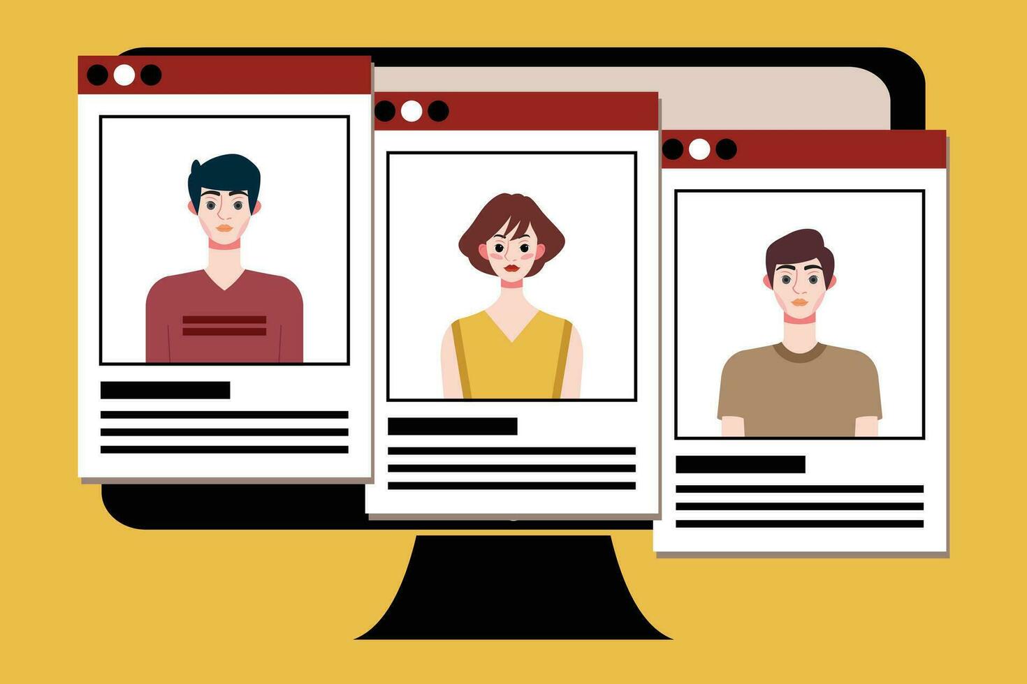 Group of young people on computer screen. Vector illustration in flat style.