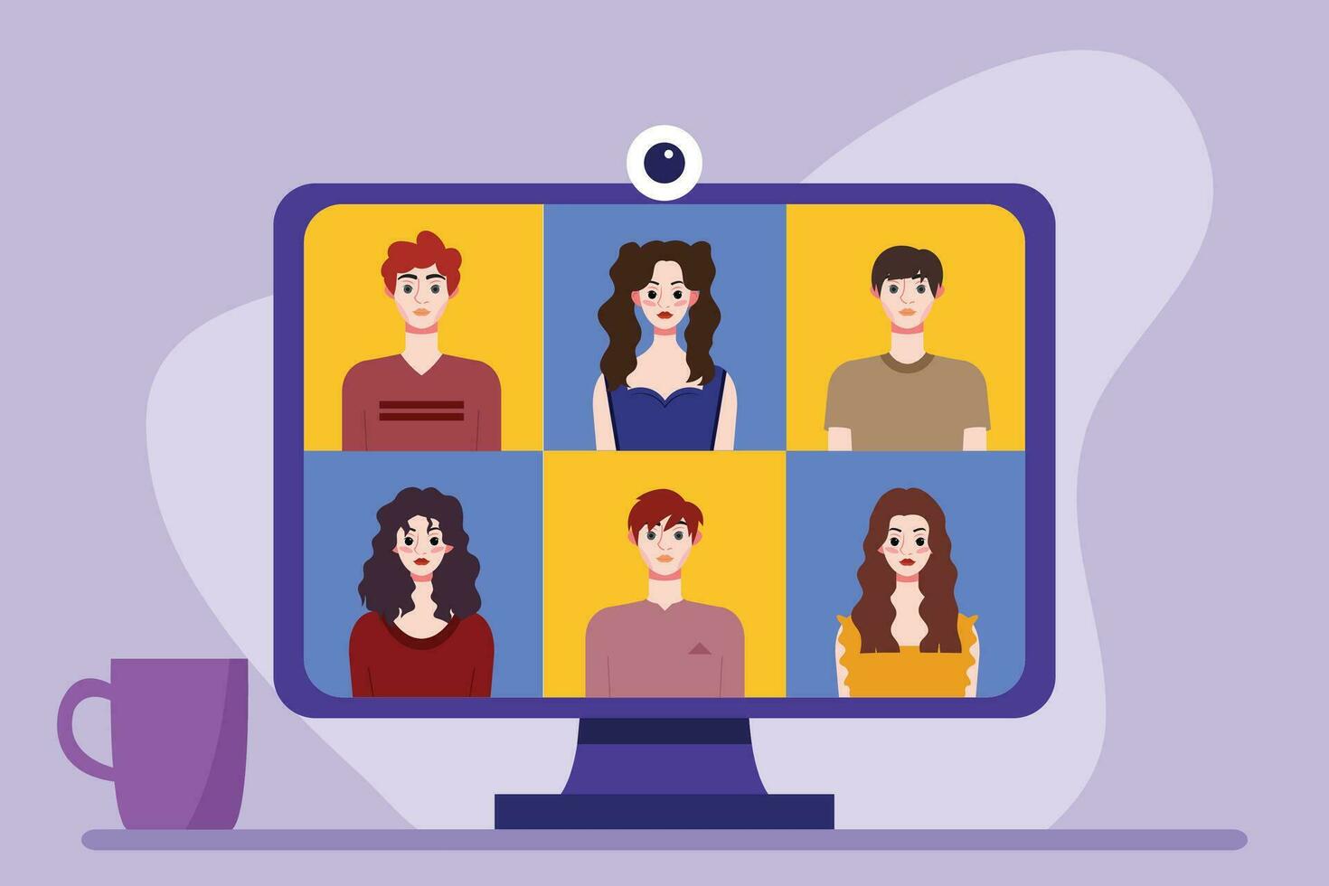 Video conference concept. People avatars on computer screen. Vector illustration