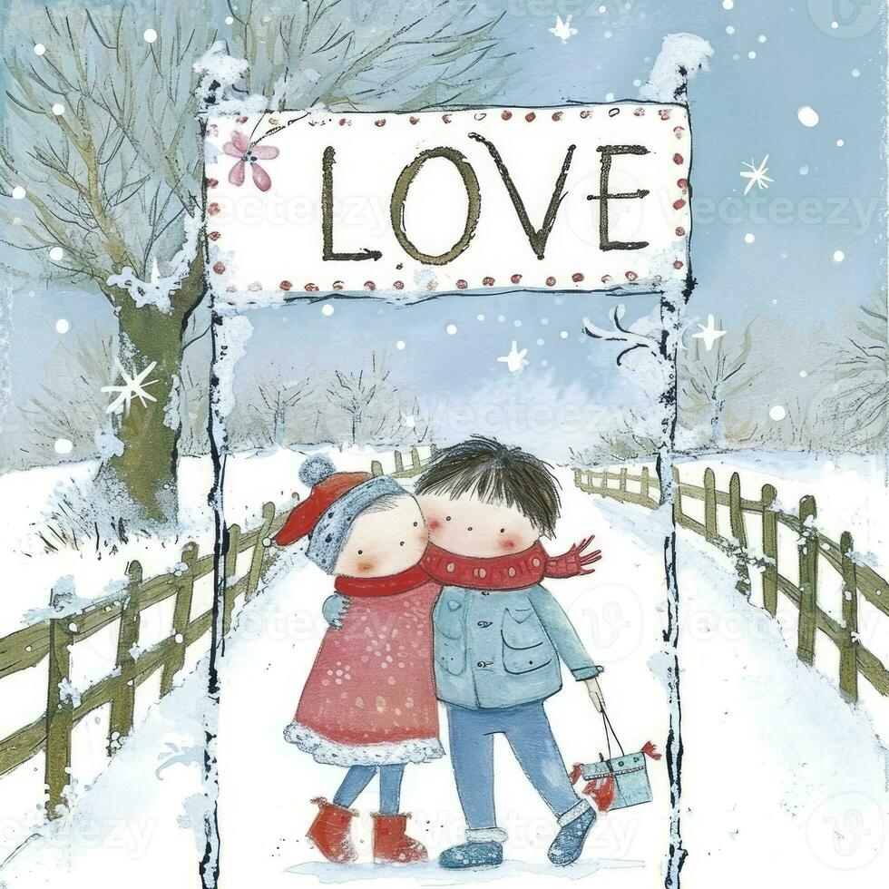 AI generated Boy and girl greetings card with a winter snow background, LOVE text. valentine day photo