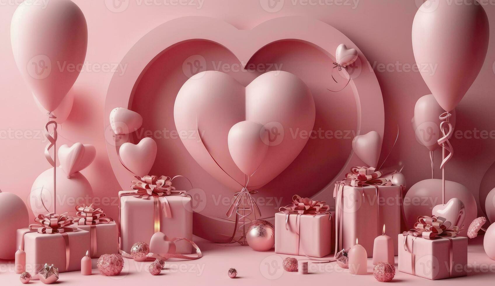 AI generated Happy valentines Day decoration with heart shape balloon, gift box, 3D rendering illustration photo
