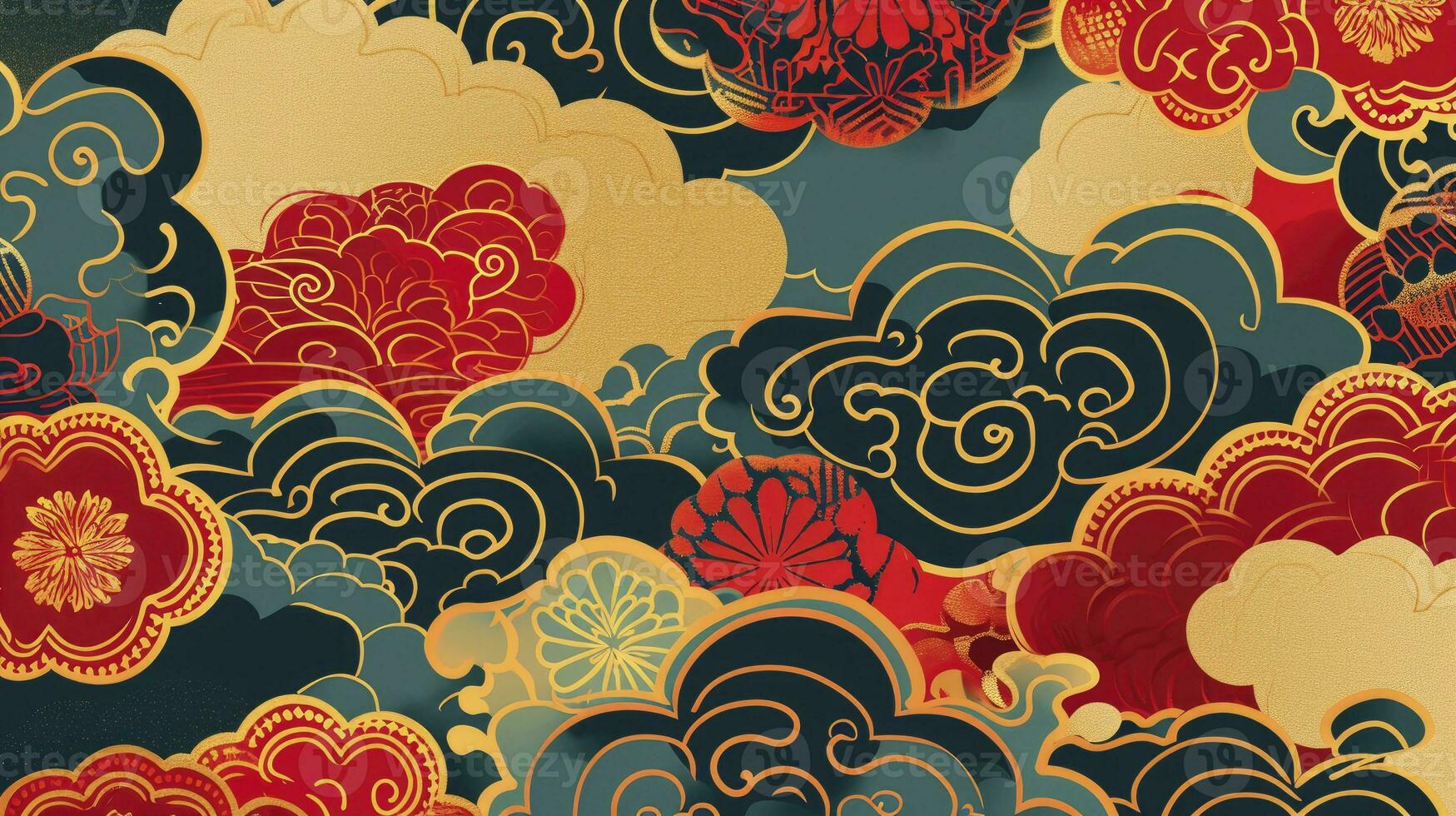 AI generated Chinese auspicious cloud pattern with red and gold themes. photo