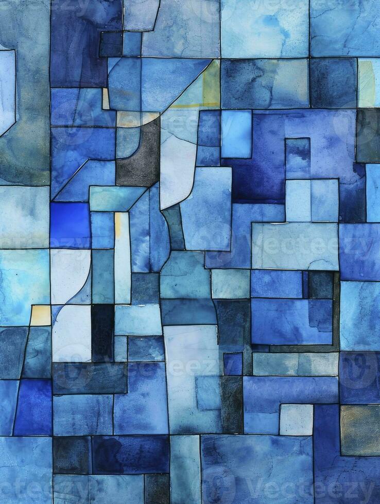 AI generated The painting has blue squares in the background realistic watercolors, monochrome geometry, stained glass effect, watercolor washes, abstraction-creation, puzzle-like elements. photo