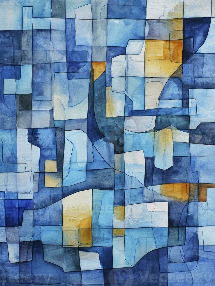 AI generated The painting has blue squares in the background realistic watercolors, monochrome geometry, stained glass effect, watercolor washes, abstraction-creation, puzzle-like elements. photo