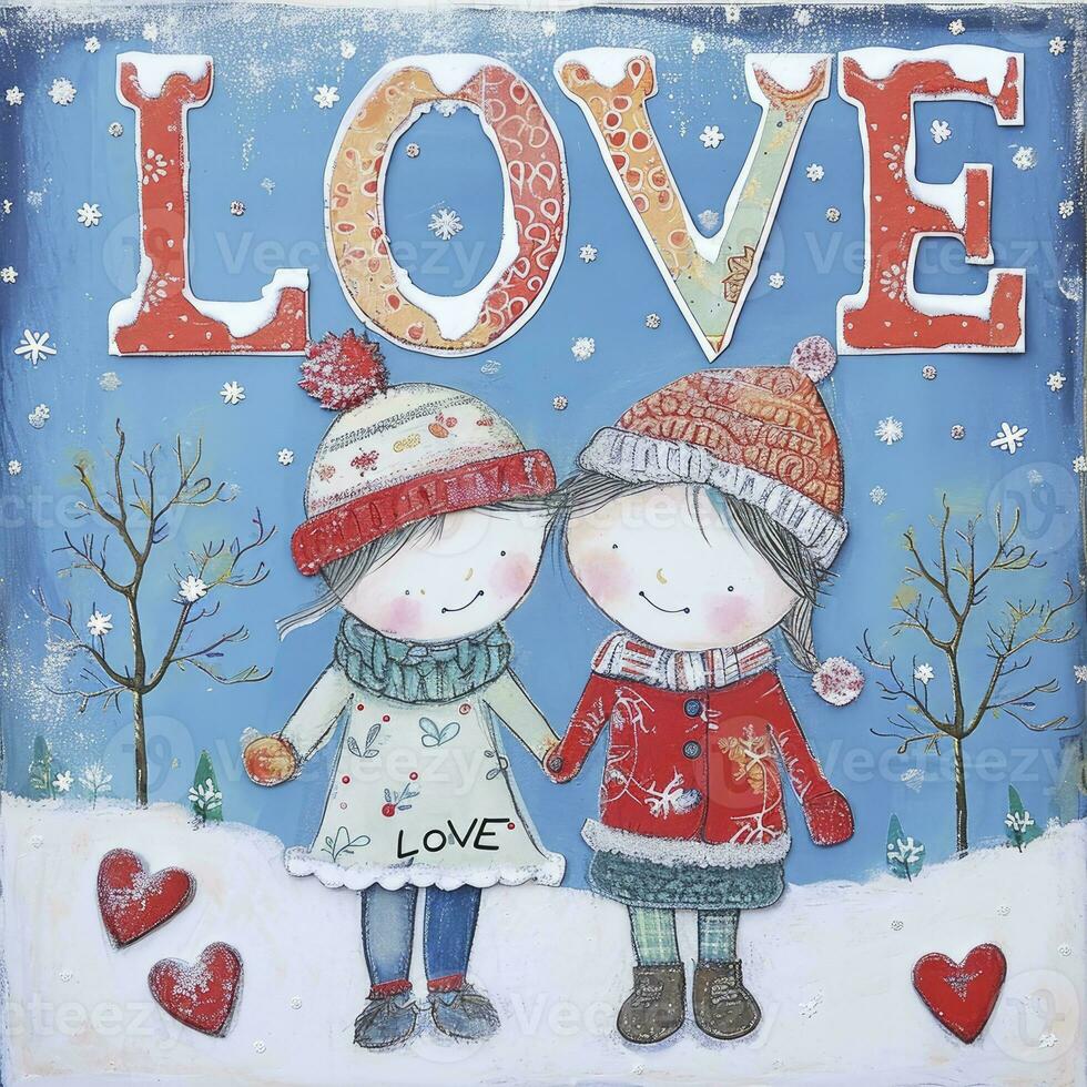 AI generated Boy and girl greetings card with a winter snow background, LOVE text. valentine day photo