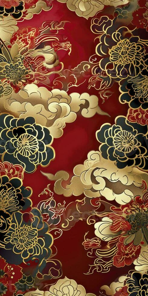 AI generated Chinese auspicious cloud pattern with red and gold themes. photo