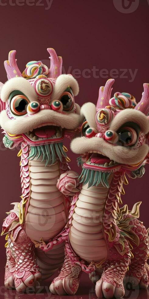 AI generated Two adorable chinese dragon babies, celebrating the Chinese New Year festival, with pink scales and happy expressions, 3d design. photo