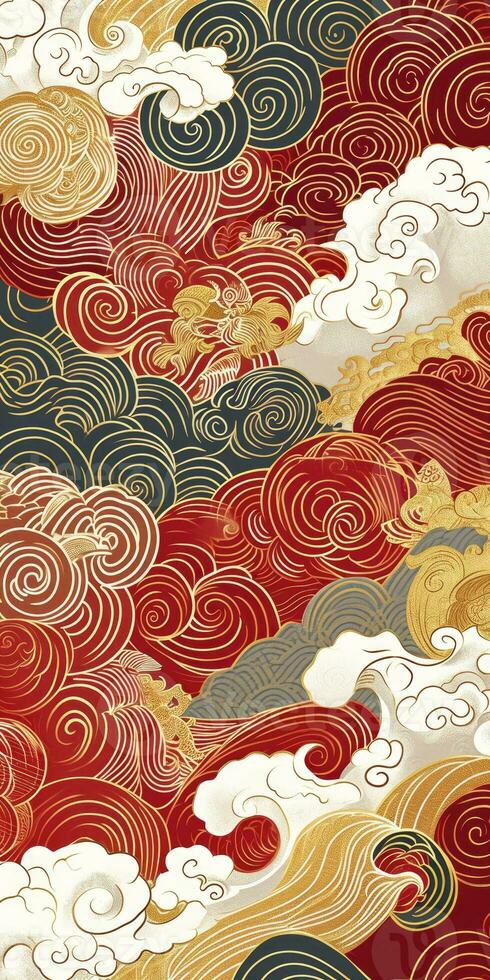 AI generated Chinese auspicious cloud pattern with red and gold themes. photo