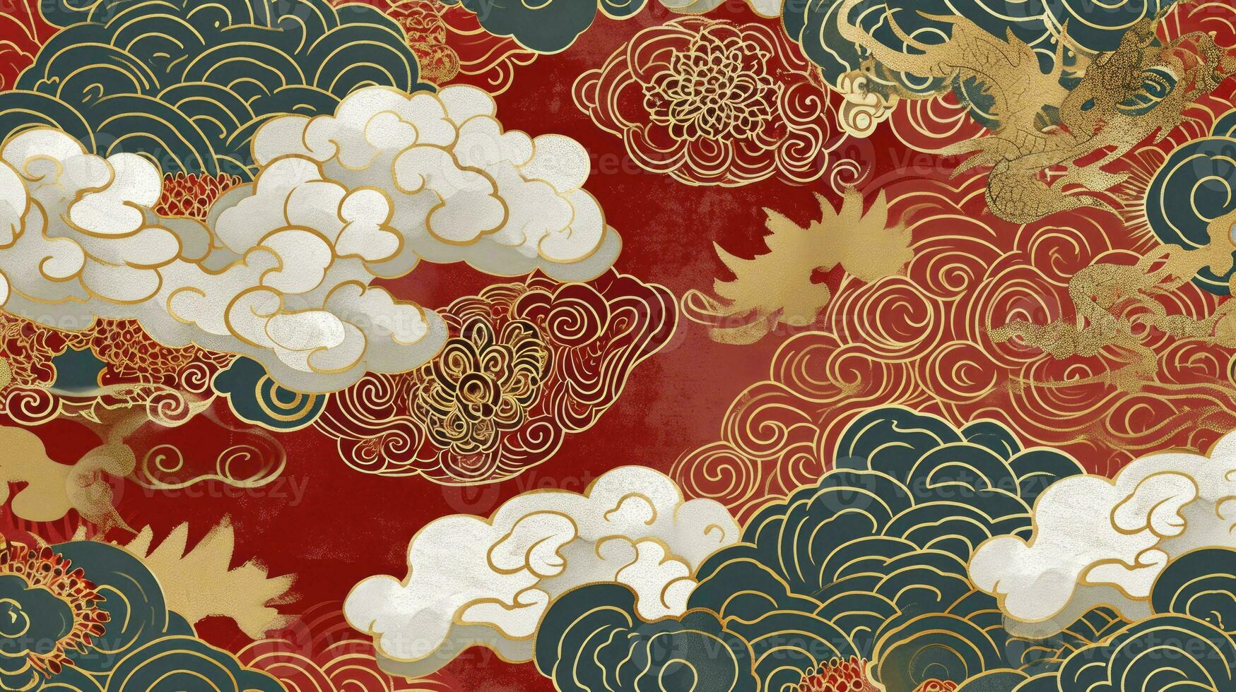 AI generated Chinese auspicious cloud pattern with red and gold themes. photo