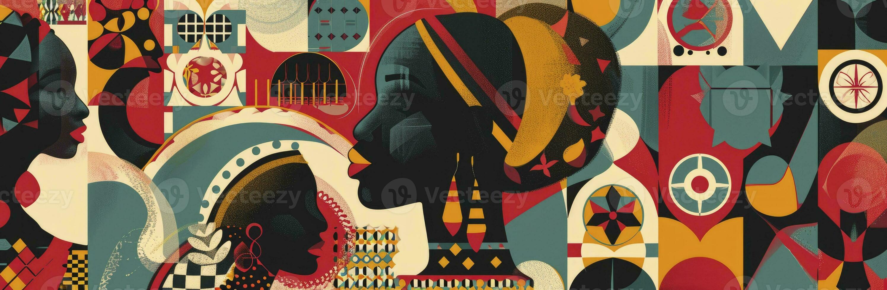 AI generated Black history month banner with colours, minimalist geometric, mosaics, vintage ephemera, folk art motifs, stencil-based, graphic and bold. photo