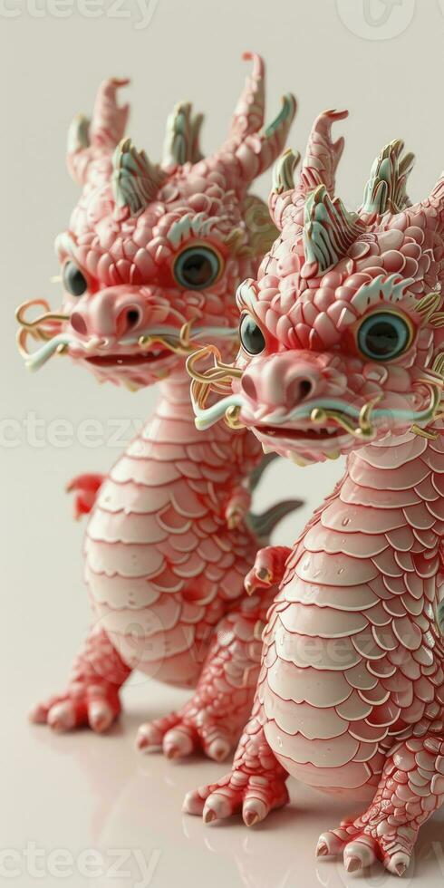 AI generated Two adorable chinese dragon babies, celebrating the Chinese New Year festival, with pink scales and happy expressions, 3d design. photo