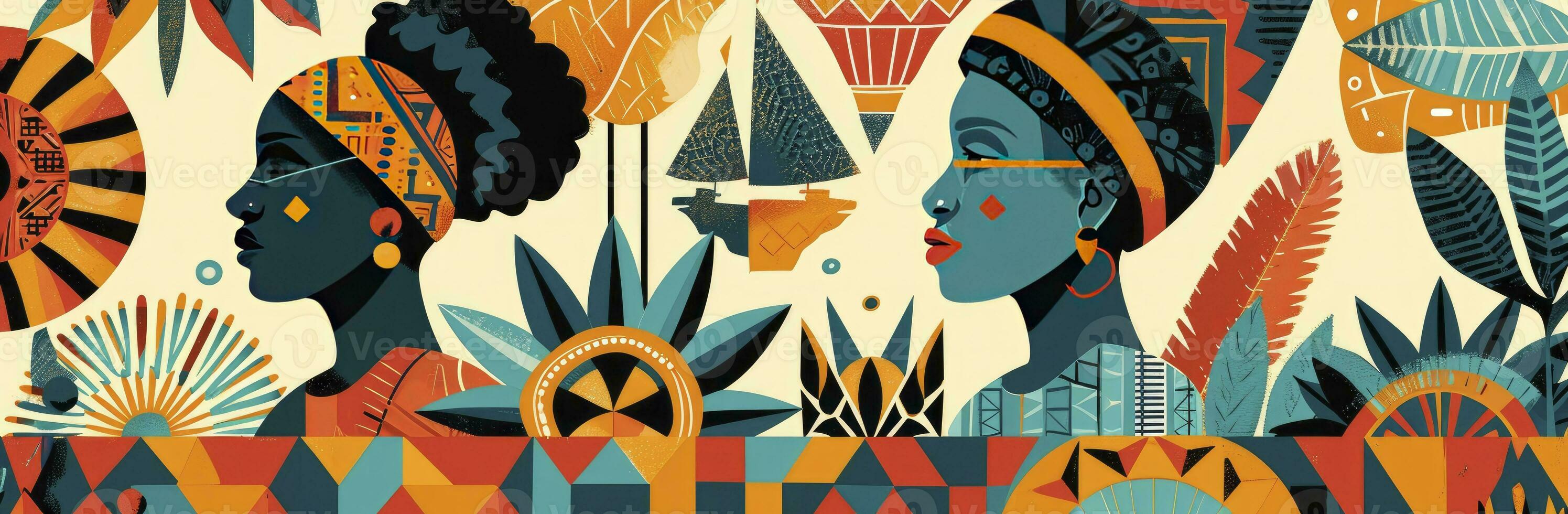 AI generated Black history month banner with colours, minimalist geometric, mosaics, vintage ephemera, folk art motifs, stencil-based, graphic and bold. photo
