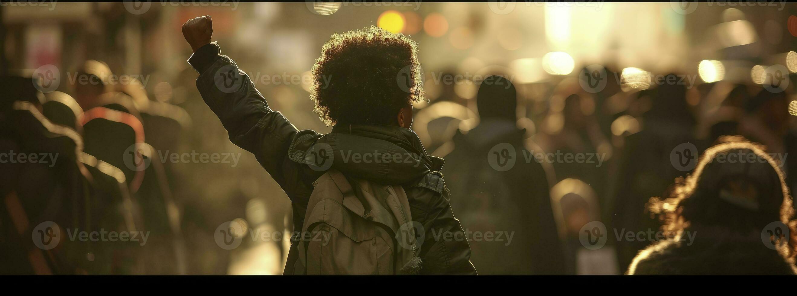 AI generated Black History Month concept, a young child with his fist raised in the air, in New York City. photo