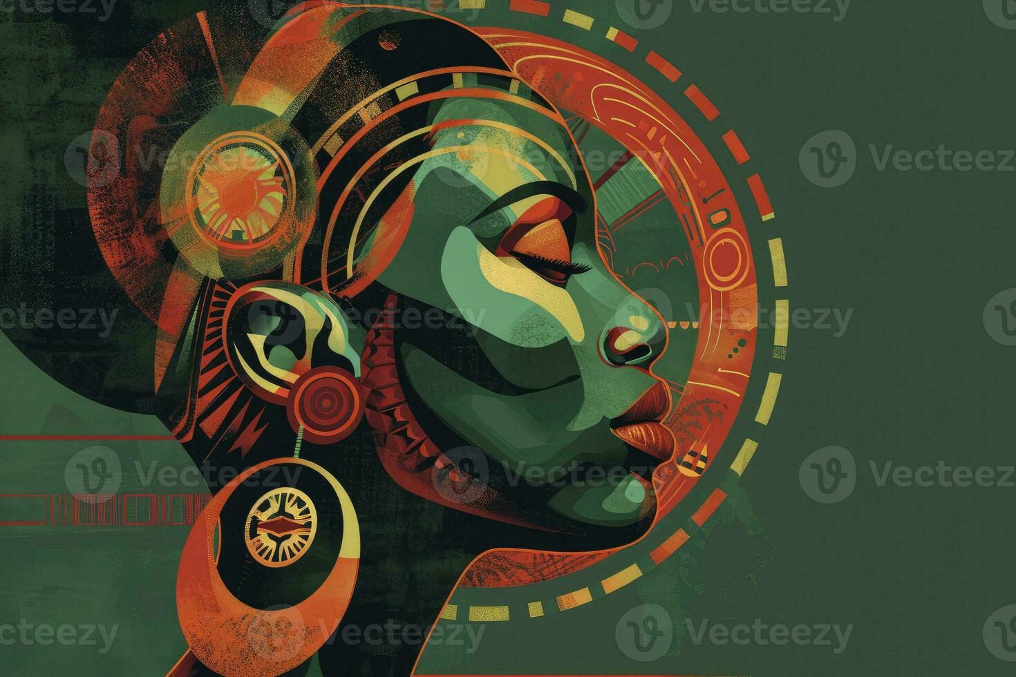 AI generated Black History Month concept. African woman's face, in the style of bold, graphic abstraction, dark green and crimson, vintage poster design. photo