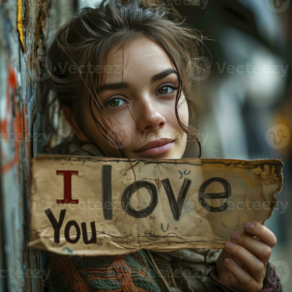 AI generated Girl holding a sign that says I Love You. valentine day photo