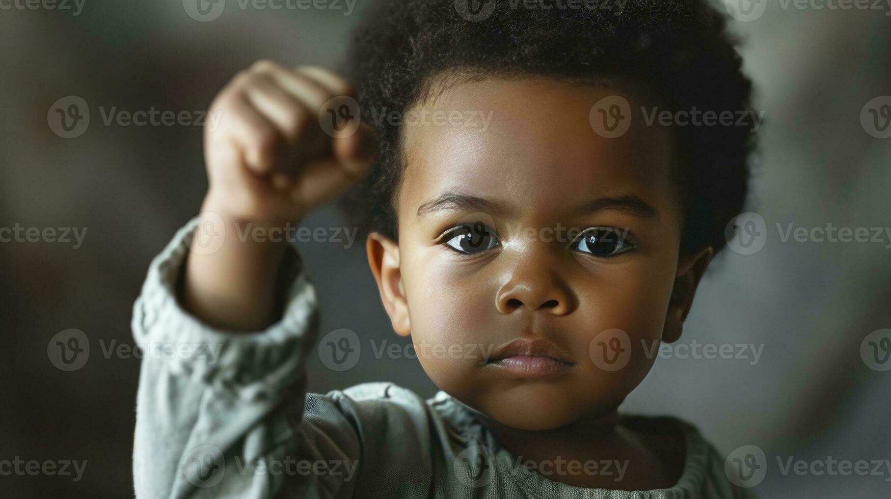 AI generated Black baby, kid with fist raised, black history month concept, african american boy, copy space, blank space for text, inclusivity and diversity, protest. photo