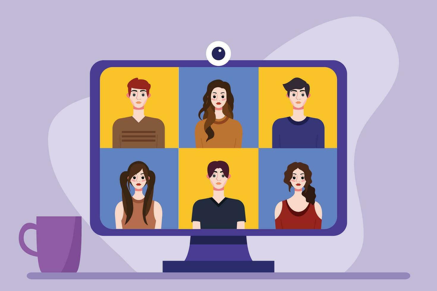 Video conference concept. People avatars on computer screen. Vector illustration
