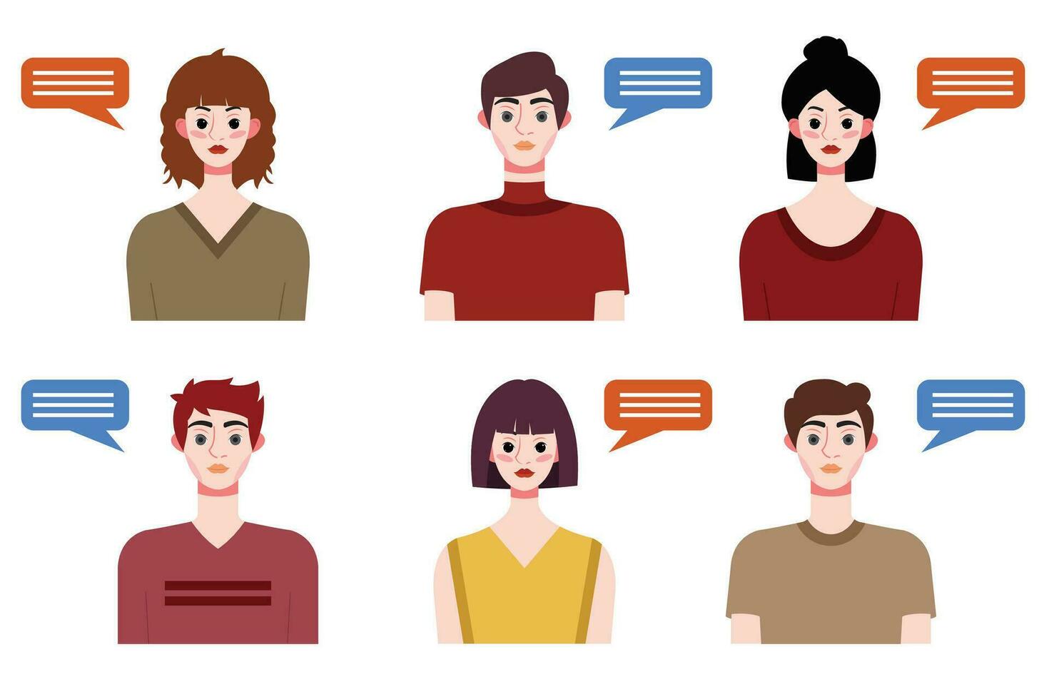 Set of young people avatars with speech bubbles. Vector illustration.