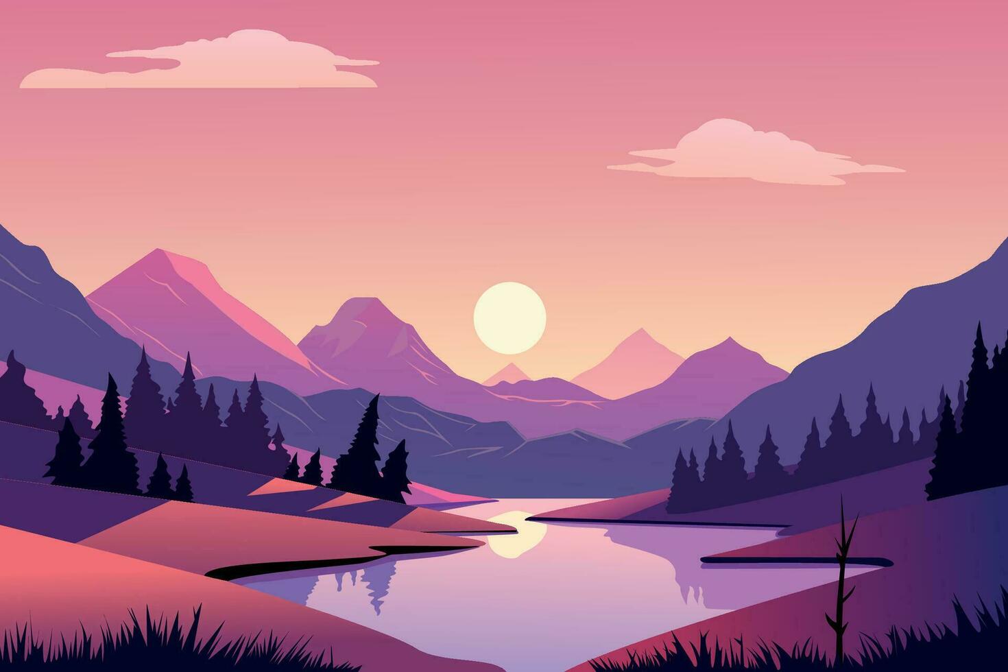 puesta de sol en montañas con lago paisaje ilustración editable eps vector