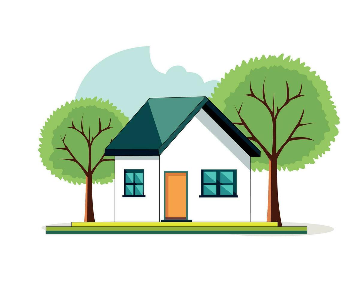 cartoon style house with tree flat vector illustration
