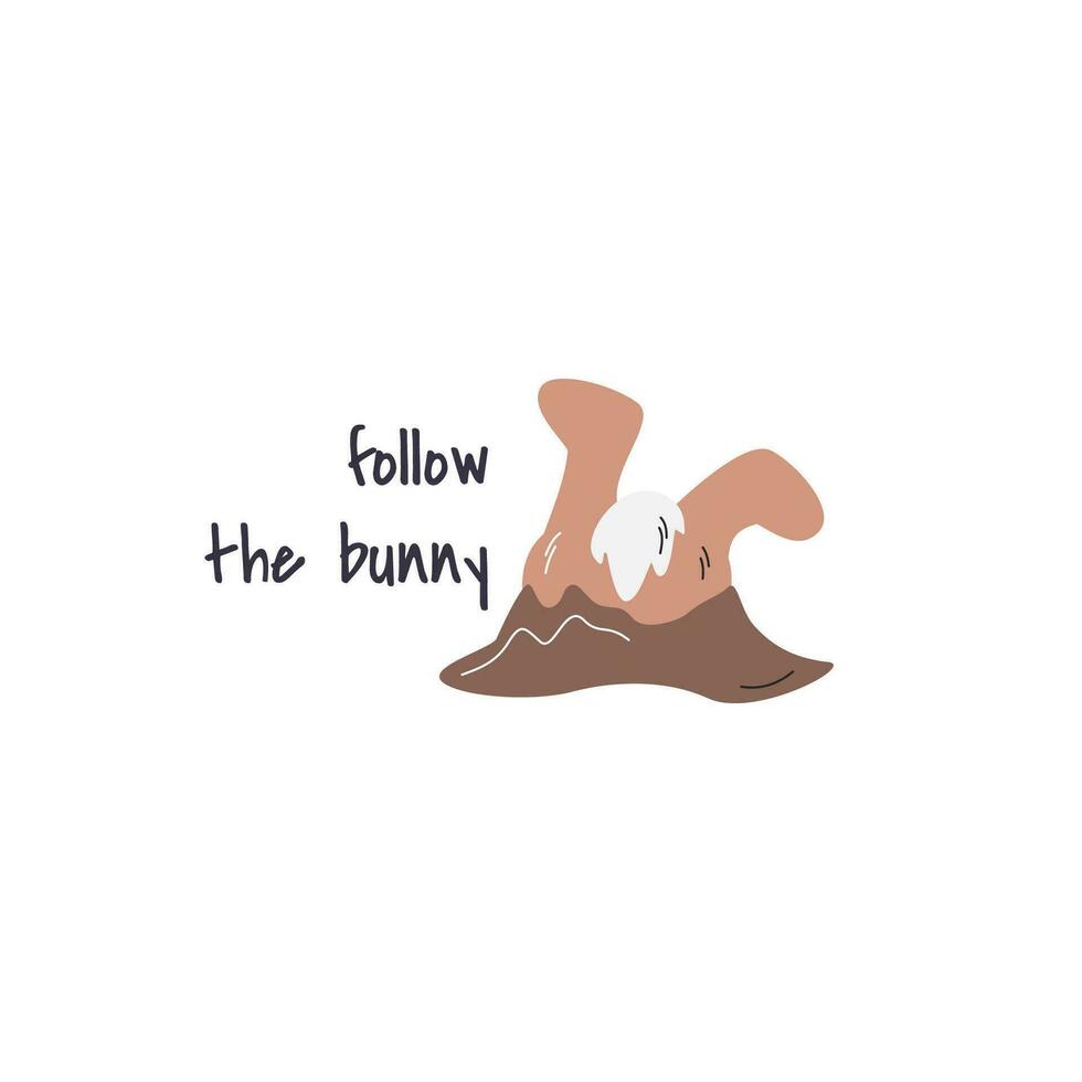 Follow the bunny print concept with hare. Cute lettering design with drawing isolated on white. Brown rabbit paws and fluffy tail outside earth hole. Easter related hand drawn flat vector illustration