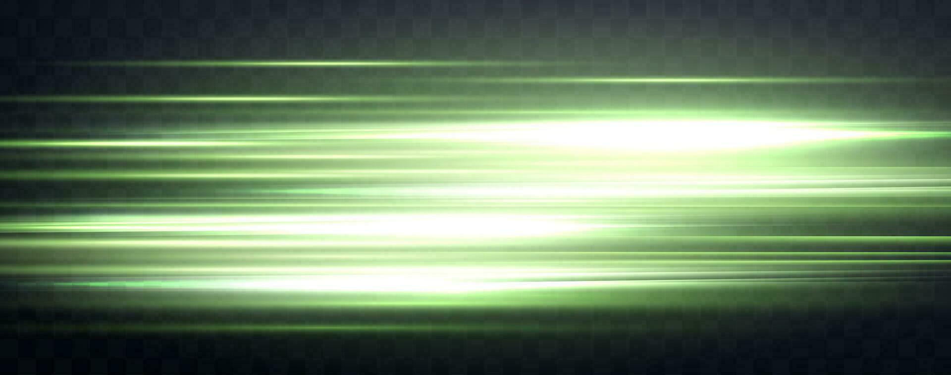 Speed rays, velocity light neon flow, zoom in motion effect, green glow speed lines, colorful light trails, stripes. Abstract background, vector illustration.