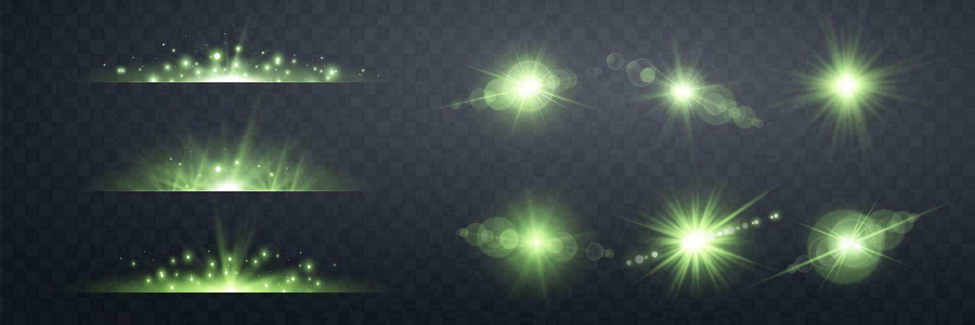 Green lens flares set. Sun flash with rays or spotlight and bokeh. Glow flare light effect. Vector illustration.