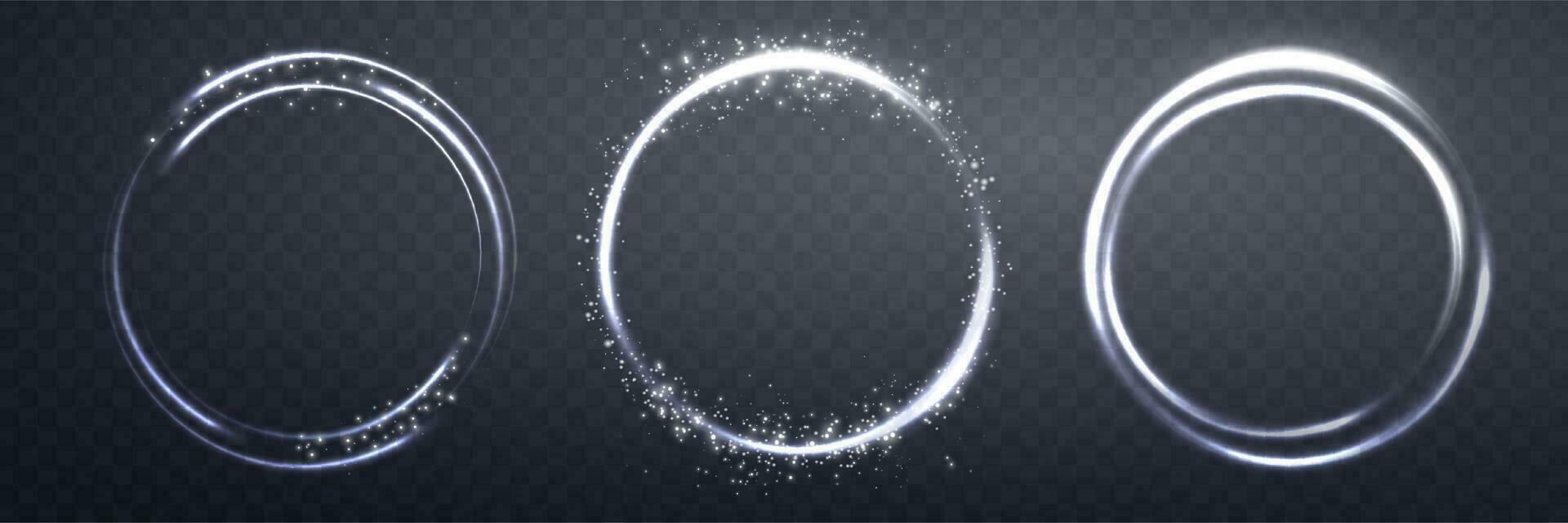 Silver magic rings set, with glowing particles. Neon realistic energy flare halo ring. Abstract light effect. Vector illustration.
