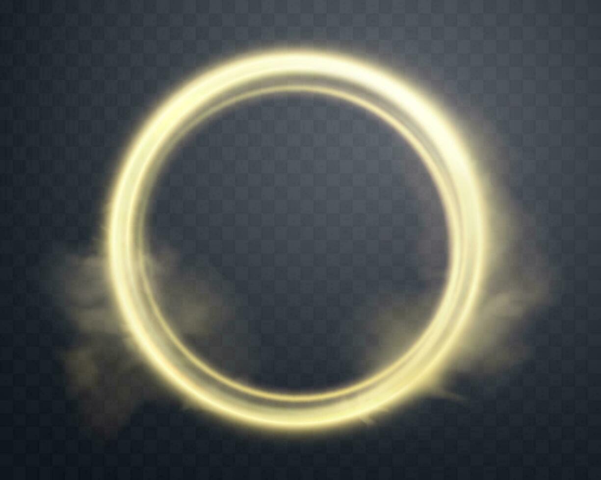 Gold magic glowing ring with smoke. Neon realistic energy flare halo ring. Abstract light effect. Vector illustration.