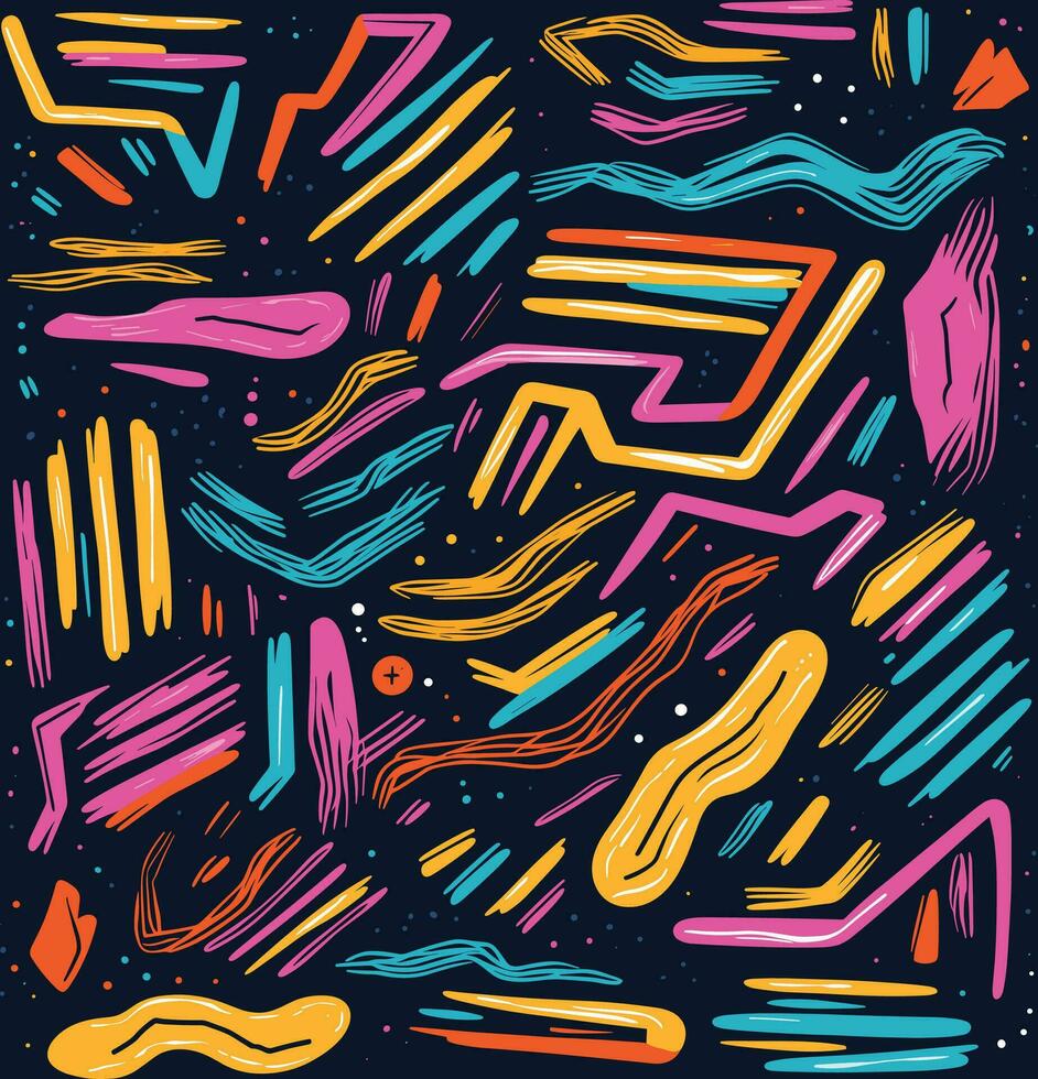 Hand Drawn Colorful Lines on Dark Background. Yellow and Violet, Irregular Shapes, Bold Brush Strokes, Memphis Design, Pink and Cyan vector