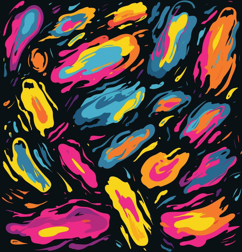 Abstract Colorful Brushed Strokes on a Dark Background. Hand Drawn Elements, Yellow and Violet, Quirky Shapes,Turquoise and Pink, Graffiti-Influenced Style vector