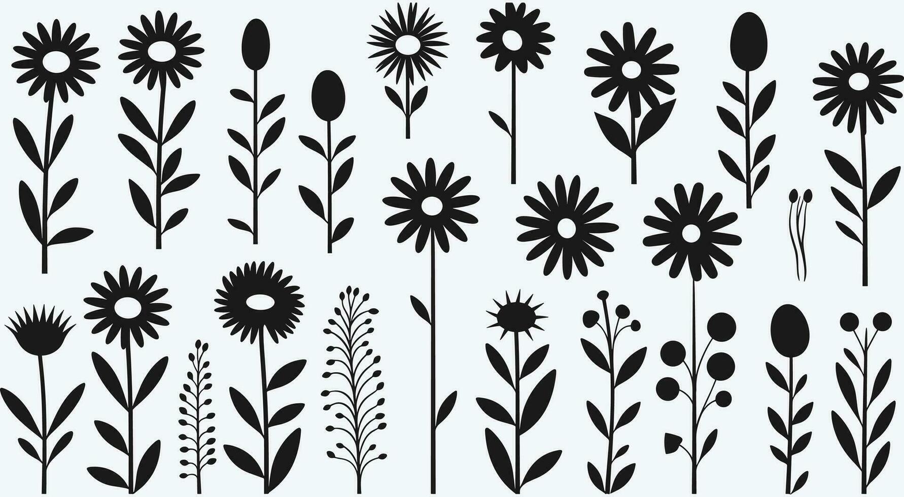 Hand Drawn Black Paint Chamomiles Vector Set. Ink Drawing Flowers and Leaves in Naive Style, Childish or Primitive Drawing. Black and White Vector Botanical Illustration. Abstract Blossom With Stems