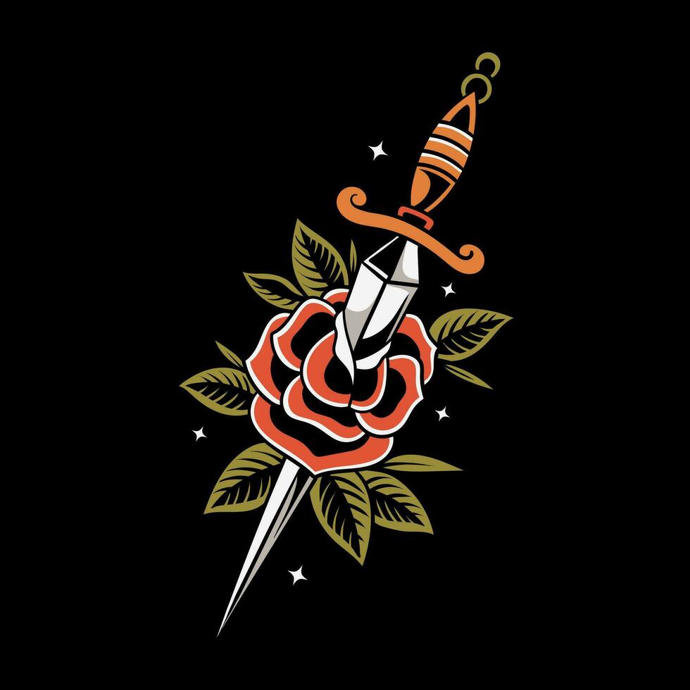 OLD SCHOOL TATTOO-5dagger and rose Vector old school tattoo vintage tattoo style illustration