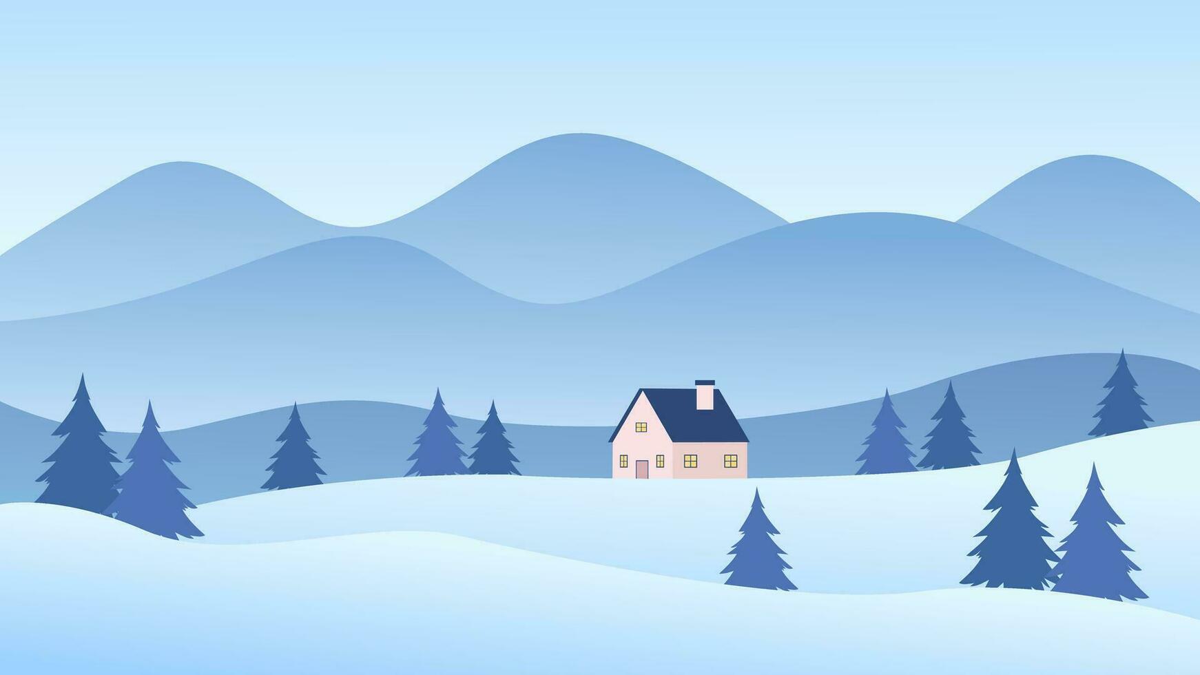 Simple winter landscape vector illustration, wallpaper background with the winter snow theme, vector illustration of mountain, house, and pine trees