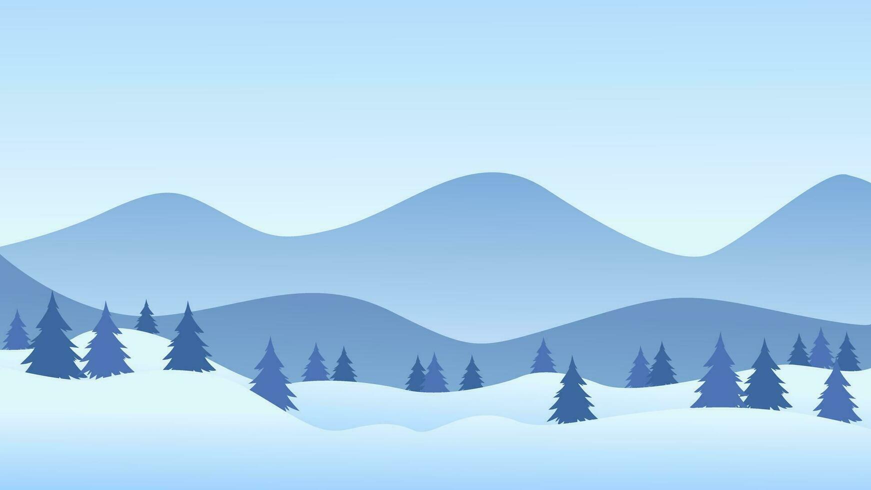 Simple winter landscape vector illustration. Snow hills, mountains, and pine forests background, winter snow-themed wallpaper