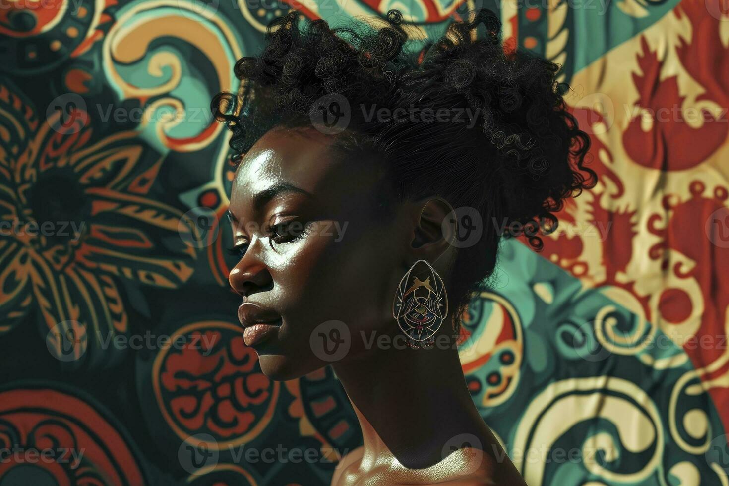 AI generated Black history month concept. A woman with hair in front of the geometric background of a colourful painting, african patterns, graphic design poster art. photo