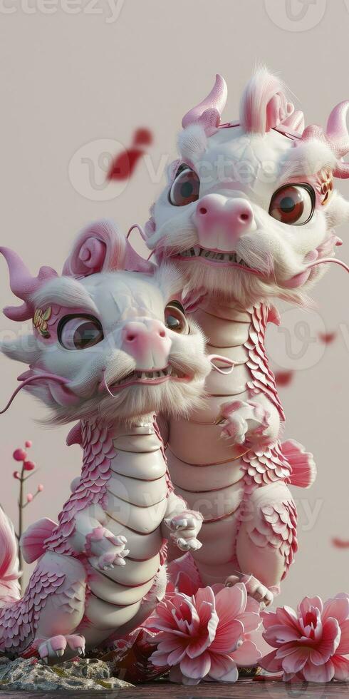 AI generated Two adorable chinese dragon babies, celebrating the Chinese New Year festival, with pink scales and happy expressions, 3d design. photo