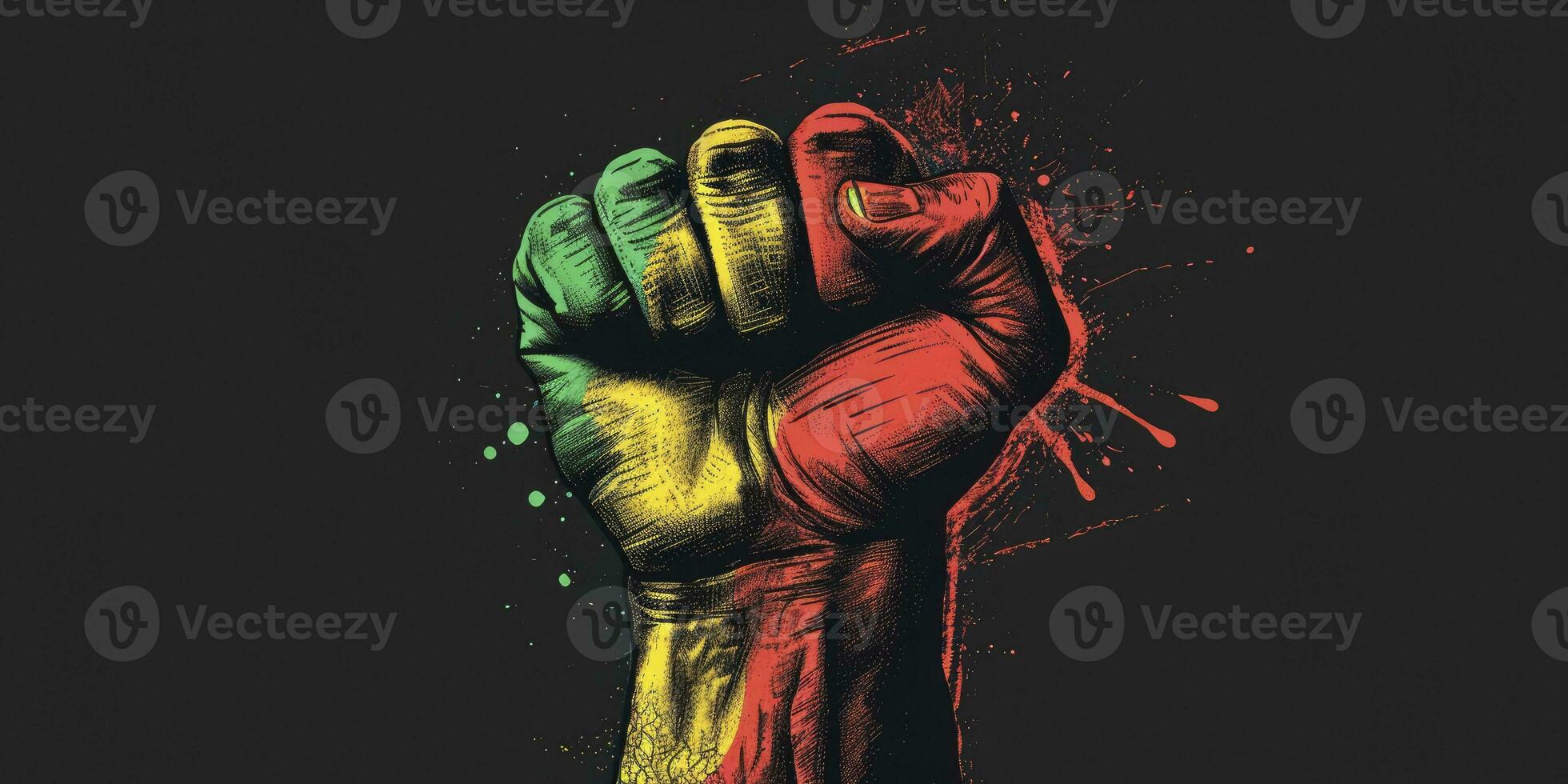 AI generated Black History Month banner. hand on black background. Black history month African American history celebration banner. photo